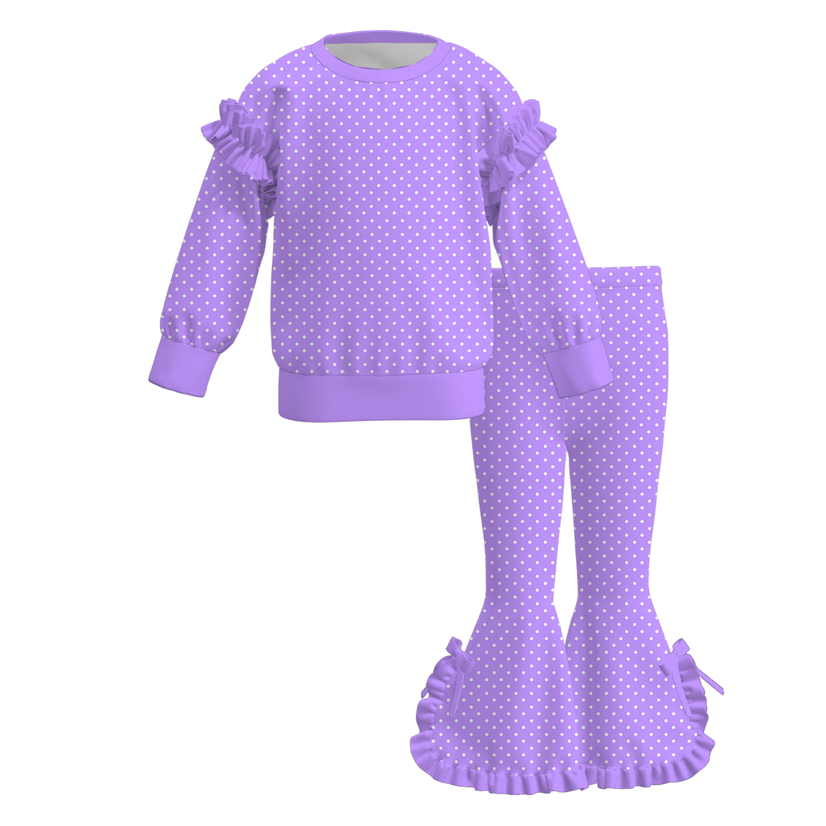 Girls Fall Winter Polka Dot Ruffle Outfit Set – Long Sleeve Top & Bell Bottom Flared Pants