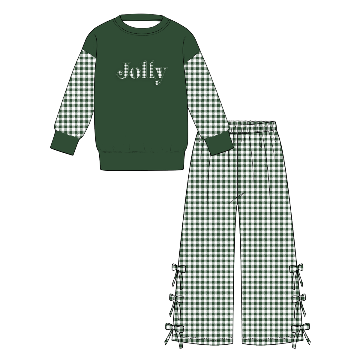 Girls Christmas Jolly Merry Printed Sweatshirt & Bow Wide Leg Pants Set – Holiday Plaid Long Sleeve Two-Piece Outfit