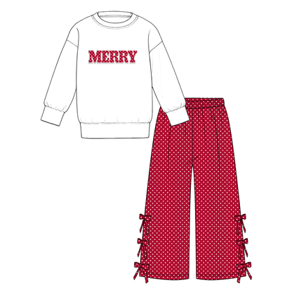 Girls Christmas Jolly Merry Printed Sweatshirt & Bow Wide Leg Pants Set – Holiday Plaid Long Sleeve Two-Piece Outfit