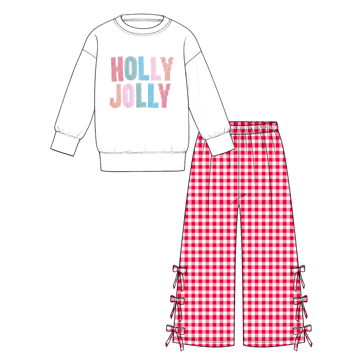 Girls Christmas Jolly Merry Printed Sweatshirt & Bow Wide Leg Pants Set – Holiday Plaid Long Sleeve Two-Piece Outfit
