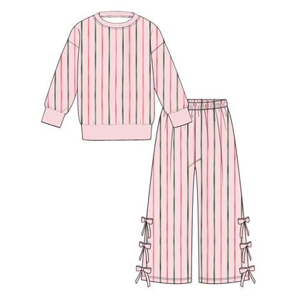 Girls Christmas Jolly Merry Printed Sweatshirt & Bow Wide Leg Pants Set – Holiday Plaid Long Sleeve Two-Piece Outfit