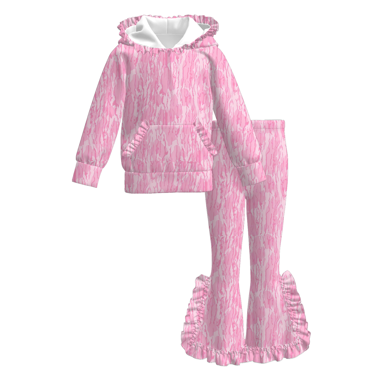 Girls Fall Winter Ruffle Hoodie & Flare Pants Set – Cow Print Leopard Pattern Long Sleeve Two-Piece Outfit