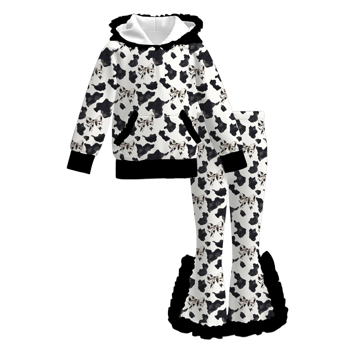 Girls Fall Winter Ruffle Hoodie & Flare Pants Set – Cow Print Leopard Pattern Long Sleeve Two-Piece Outfit