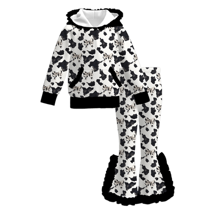 Girls Fall Winter Ruffle Hoodie & Flare Pants Set – Cow Print Leopard Pattern Long Sleeve Two-Piece Outfit