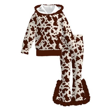 Girls Fall Winter Ruffle Hoodie & Flare Pants Set – Cow Print Leopard Pattern Long Sleeve Two-Piece Outfit