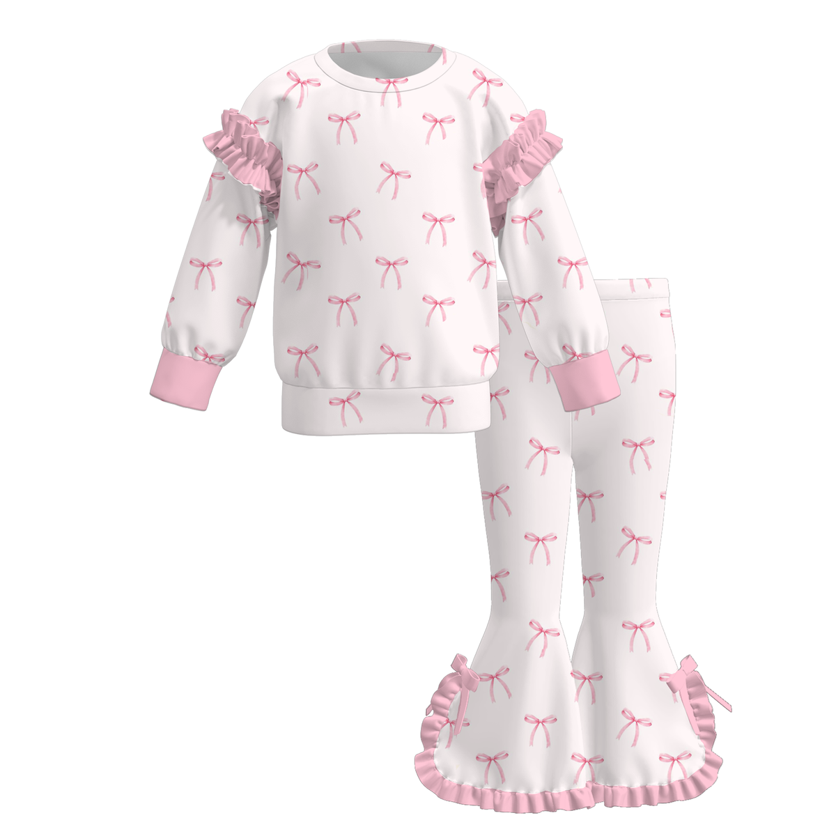 Girls Fall Winter Bow & Leopard Print Flare Pants Set – Long Sleeve Ruffle Sweatshirt or Zip-Up Hoodie 2-Piece Outfit