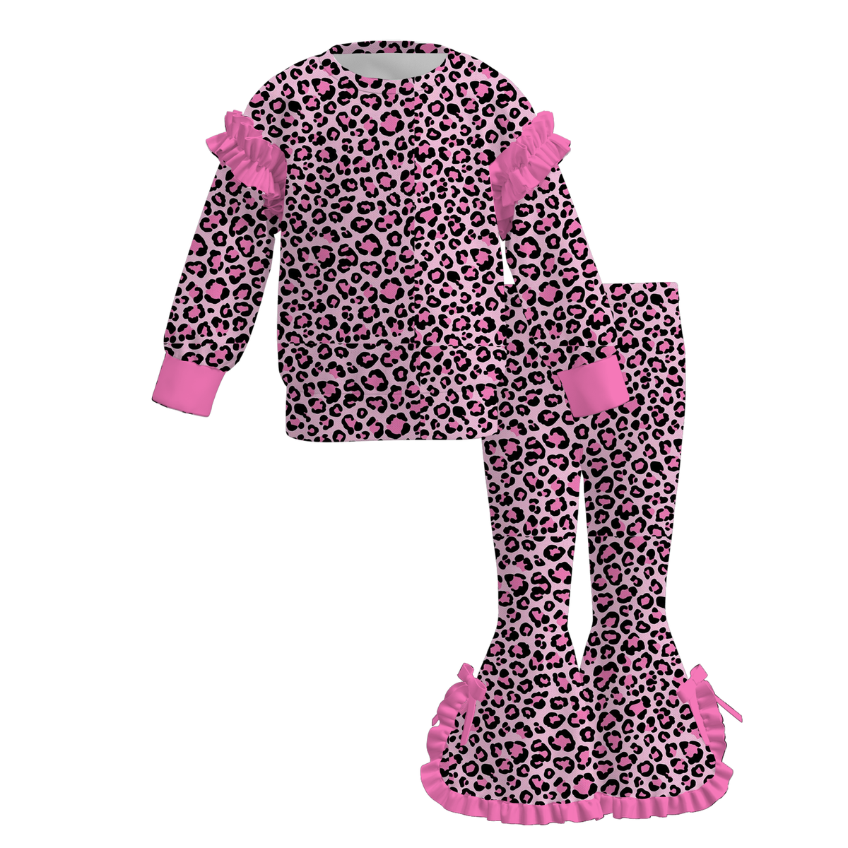 Girls Fall Winter Bow & Leopard Print Flare Pants Set – Long Sleeve Ruffle Sweatshirt or Zip-Up Hoodie 2-Piece Outfit