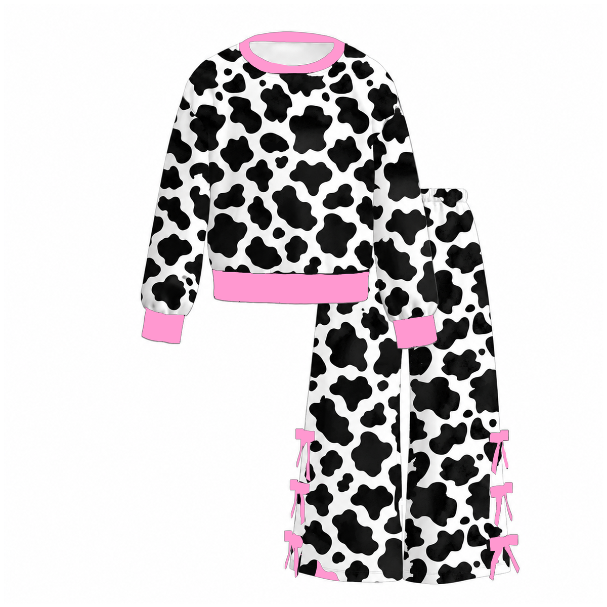 Girls Fall Winter Long Sleeve Wide Leg Pants Set – Cow Print, Leopard, Pink Bow & Faith Graphic Two-Piece Outfit