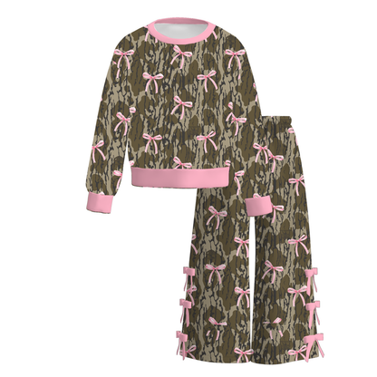 Girls Fall Winter Long Sleeve Wide Leg Pants Set – Cow Print, Leopard, Pink Bow & Faith Graphic Two-Piece Outfit
