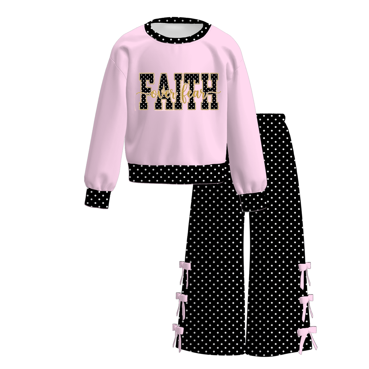 Girls Fall Winter Long Sleeve Wide Leg Pants Set – Cow Print, Leopard, Pink Bow & Faith Graphic Two-Piece Outfit