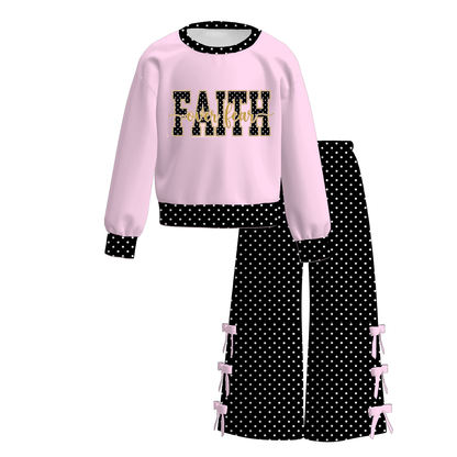 Girls Fall Winter Long Sleeve Wide Leg Pants Set – Cow Print, Leopard, Pink Bow & Faith Graphic Two-Piece Outfit