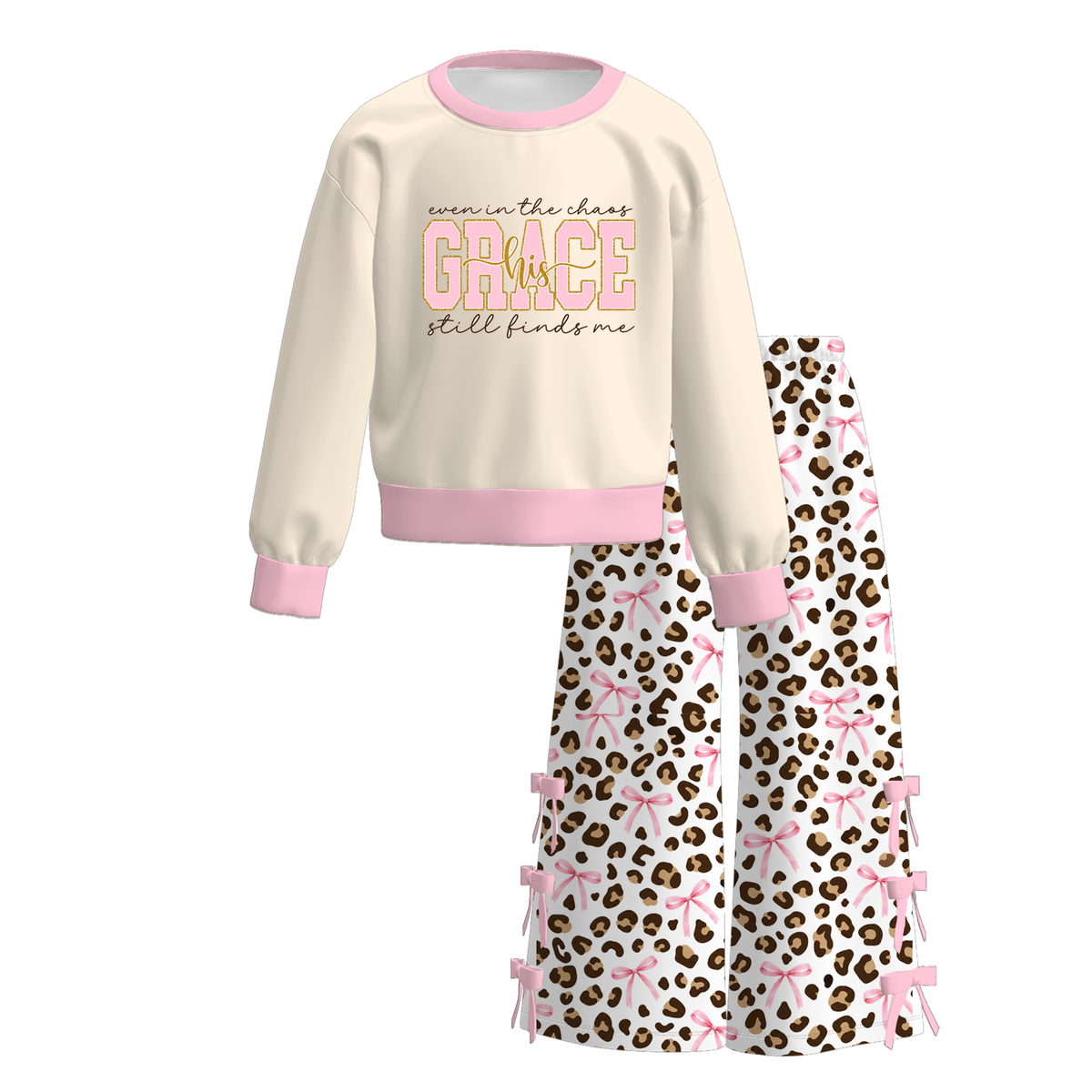 Girls Fall Winter Long Sleeve Wide Leg Pants Set – Cow Print, Leopard, Pink Bow & Faith Graphic Two-Piece Outfit