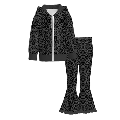 Girls Fall Winter Bow & Leopard Print Flare Pants Set – Long Sleeve Ruffle Sweatshirt or Zip-Up Hoodie 2-Piece Outfit