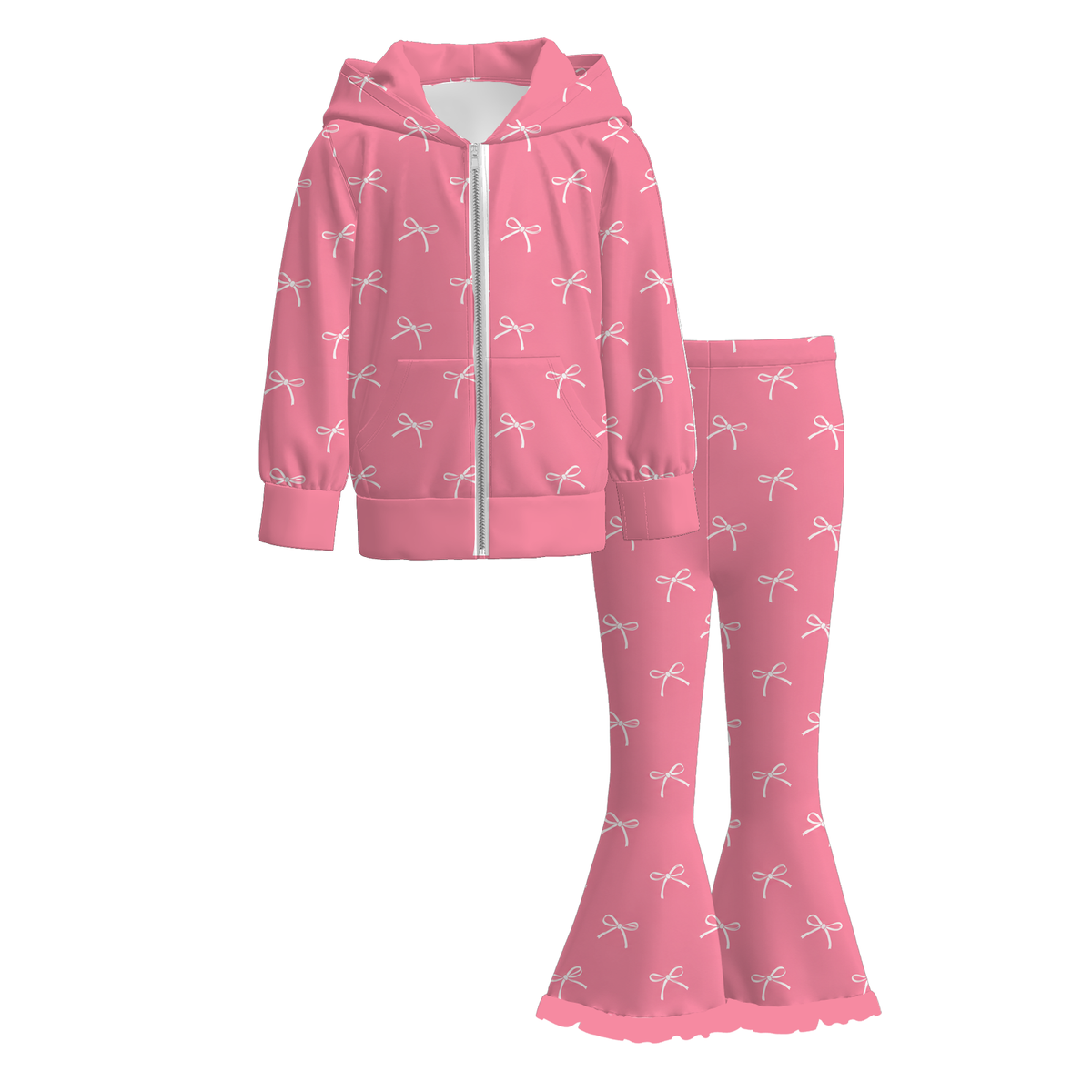 Girls Fall Winter Bow & Leopard Print Flare Pants Set – Long Sleeve Ruffle Sweatshirt or Zip-Up Hoodie 2-Piece Outfit