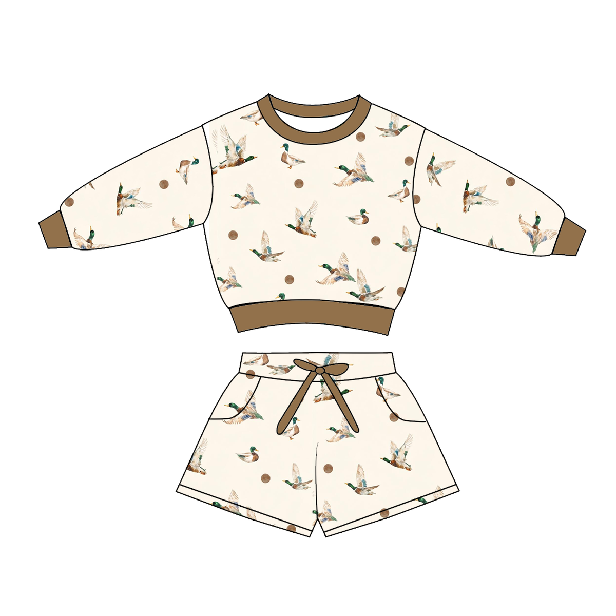 Girls Fall Winter Long Sleeve Sweatshirt & Shorts Set – Duck Print, Leopard Pink Bow & Coquette Bow Two-Piece Outfit