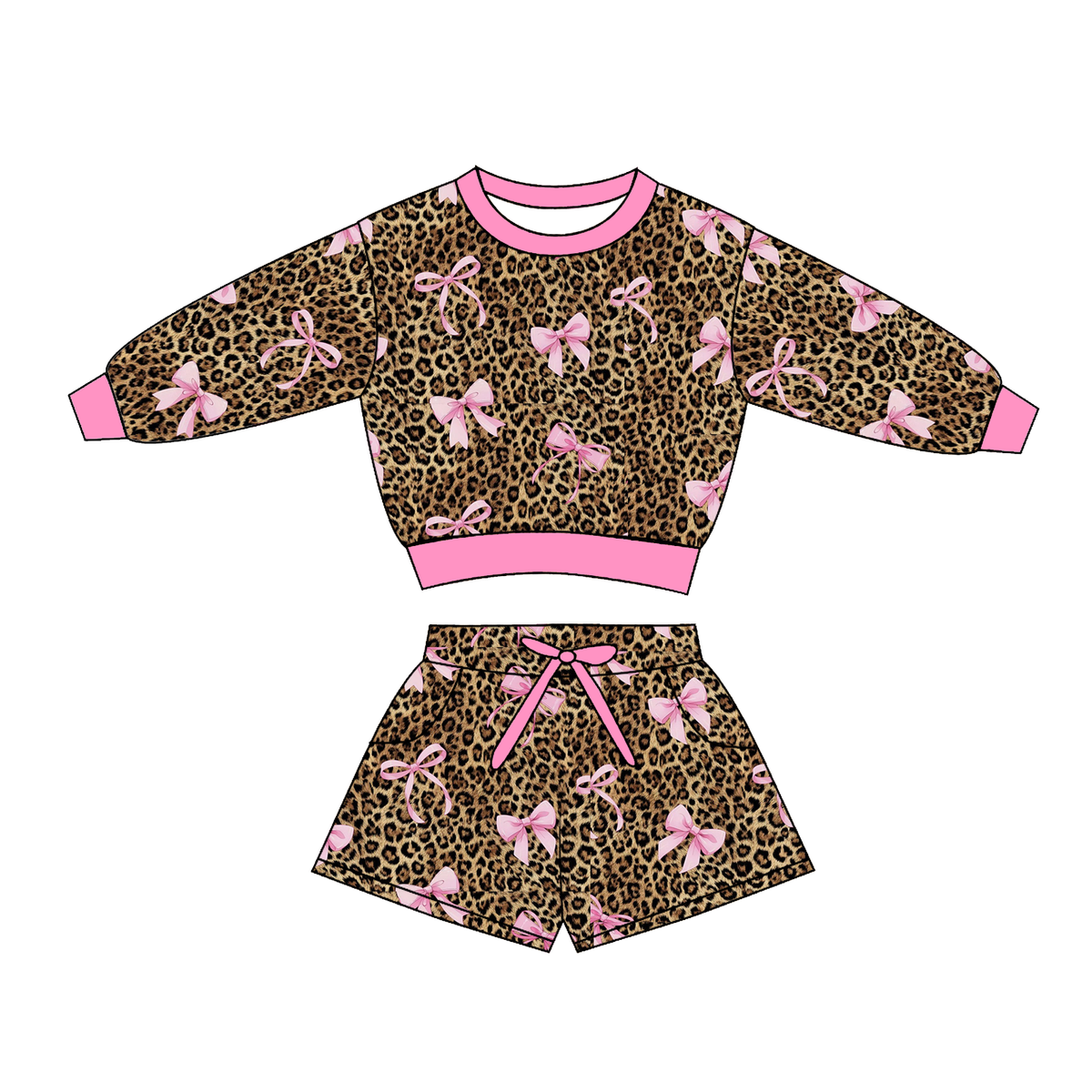 Girls Fall Winter Long Sleeve Sweatshirt & Shorts Set – Duck Print, Leopard Pink Bow & Coquette Bow Two-Piece Outfit