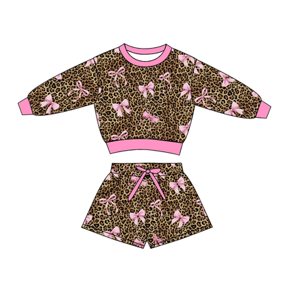 Girls Fall Winter Long Sleeve Sweatshirt & Shorts Set – Duck Print, Leopard Pink Bow & Coquette Bow Two-Piece Outfit