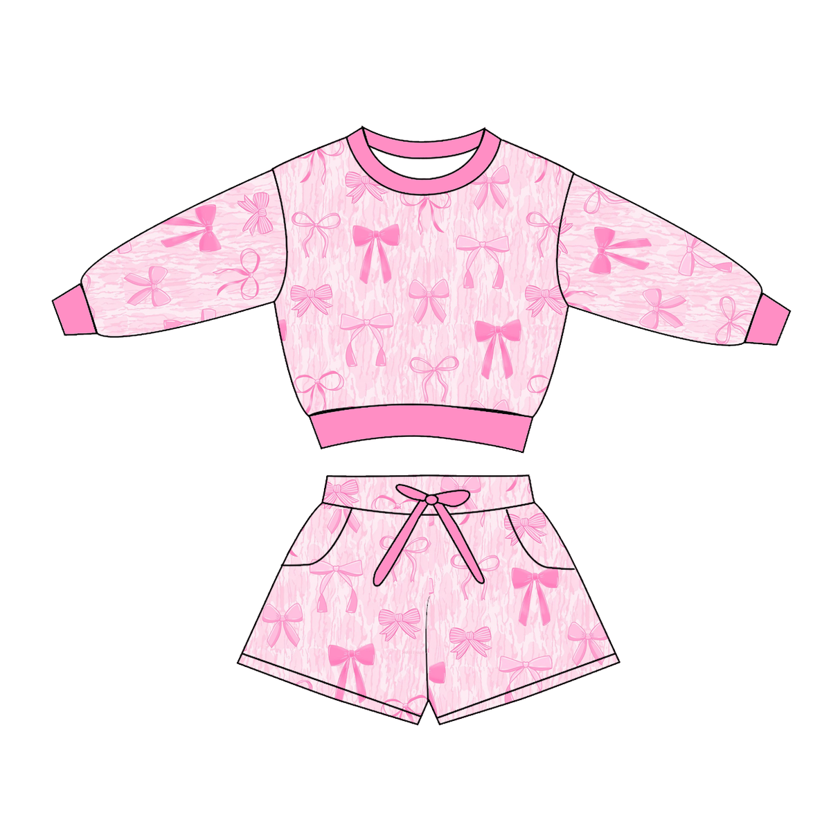 Girls Fall Winter Long Sleeve Sweatshirt & Shorts Set – Duck Print, Leopard Pink Bow & Coquette Bow Two-Piece Outfit