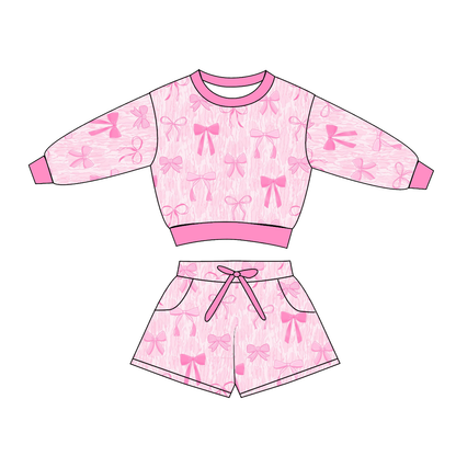 Girls Fall Winter Long Sleeve Sweatshirt & Shorts Set – Duck Print, Leopard Pink Bow & Coquette Bow Two-Piece Outfit
