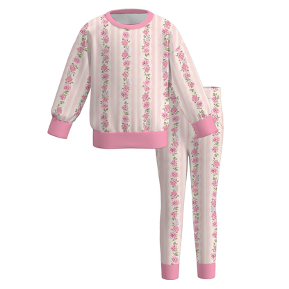 Girls Fall Winter Cute Printed Long Sleeve Outfit Set – Floral Cow Bow Striped Sweatshirt & Pants 2-Piece Set