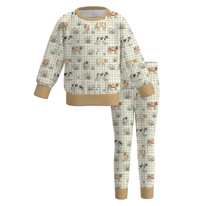 Girls Fall Winter Cute Printed Long Sleeve Outfit Set – Floral Cow Bow Striped Sweatshirt & Pants 2-Piece Set
