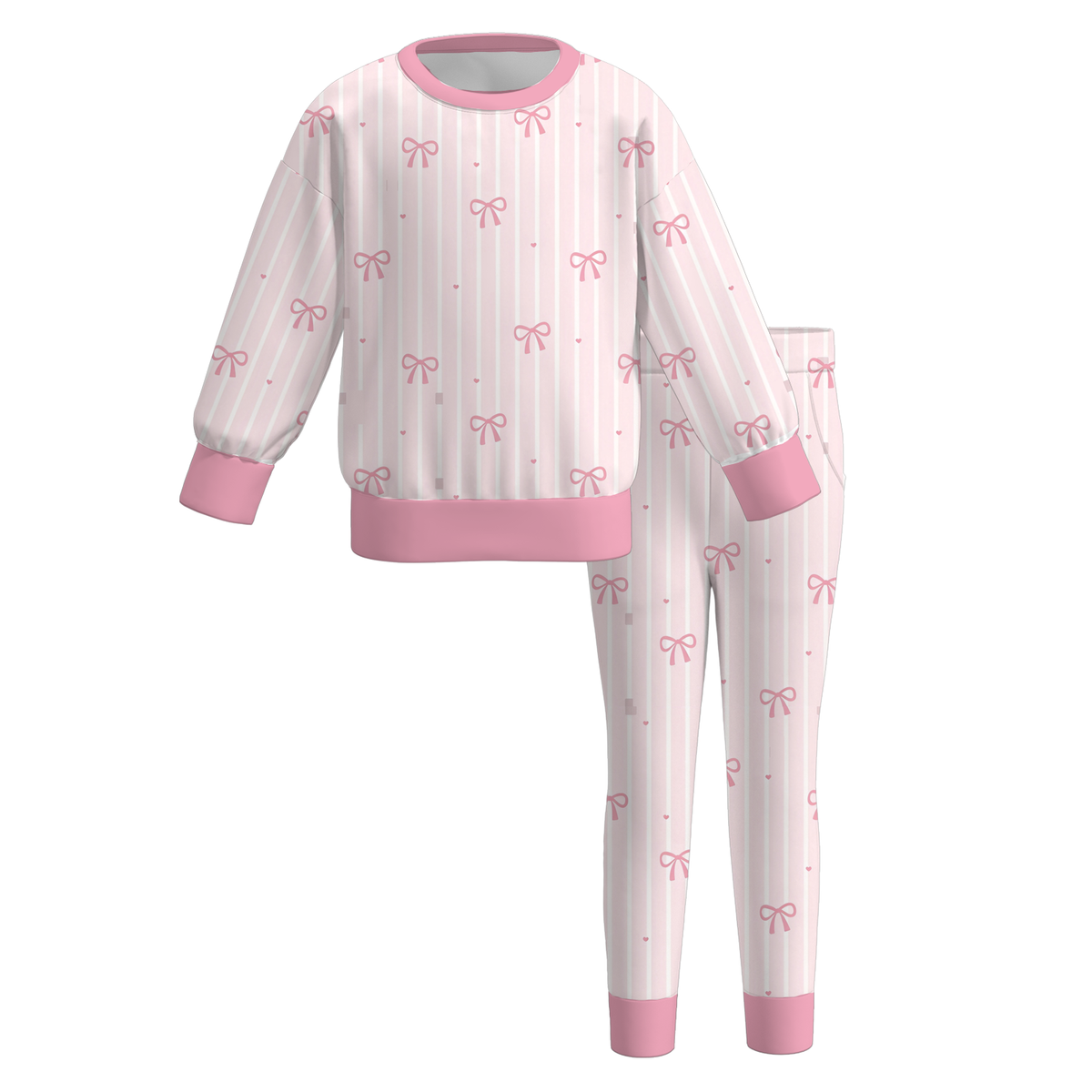 Girls Fall Winter Cute Printed Long Sleeve Outfit Set – Floral Cow Bow Striped Sweatshirt & Pants 2-Piece Set
