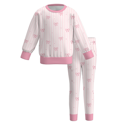 Girls Fall Winter Cute Printed Long Sleeve Outfit Set – Floral Cow Bow Striped Sweatshirt & Pants 2-Piece Set