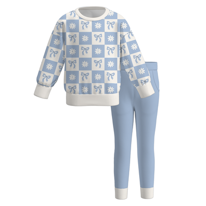 Girls Fall Winter Cute Printed Long Sleeve Outfit Set – Floral Cow Bow Striped Sweatshirt & Pants 2-Piece Set