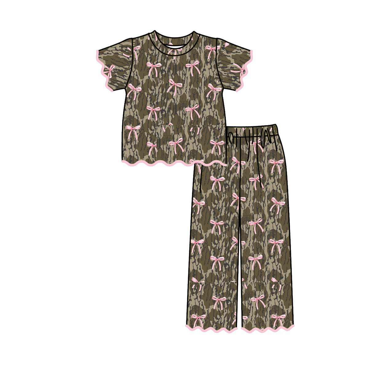Girls Embroidered Scalloped Edge 2-Piece Outfit Set – Ruffle Short Sleeve Top & Wide Leg Pants, Pink Bow, Leopard, Camo & Duck Print
