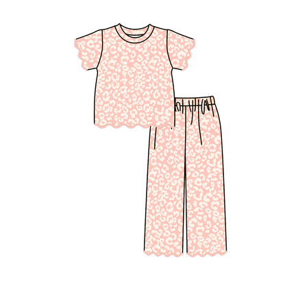 Girls Embroidered Scalloped Edge 2-Piece Outfit Set – Ruffle Short Sleeve Top & Wide Leg Pants, Pink Bow, Leopard, Camo & Duck Print