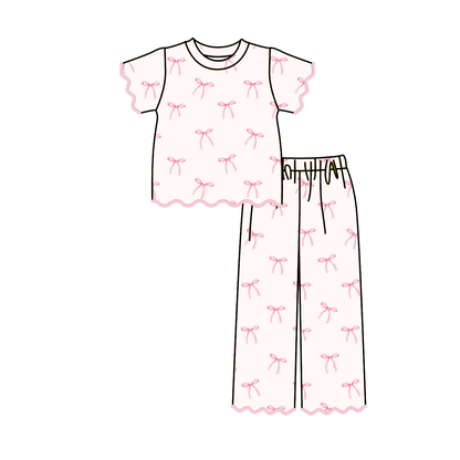 Girls Embroidered Scalloped Edge 2-Piece Outfit Set – Ruffle Short Sleeve Top & Wide Leg Pants, Pink Bow, Leopard, Camo & Duck Print