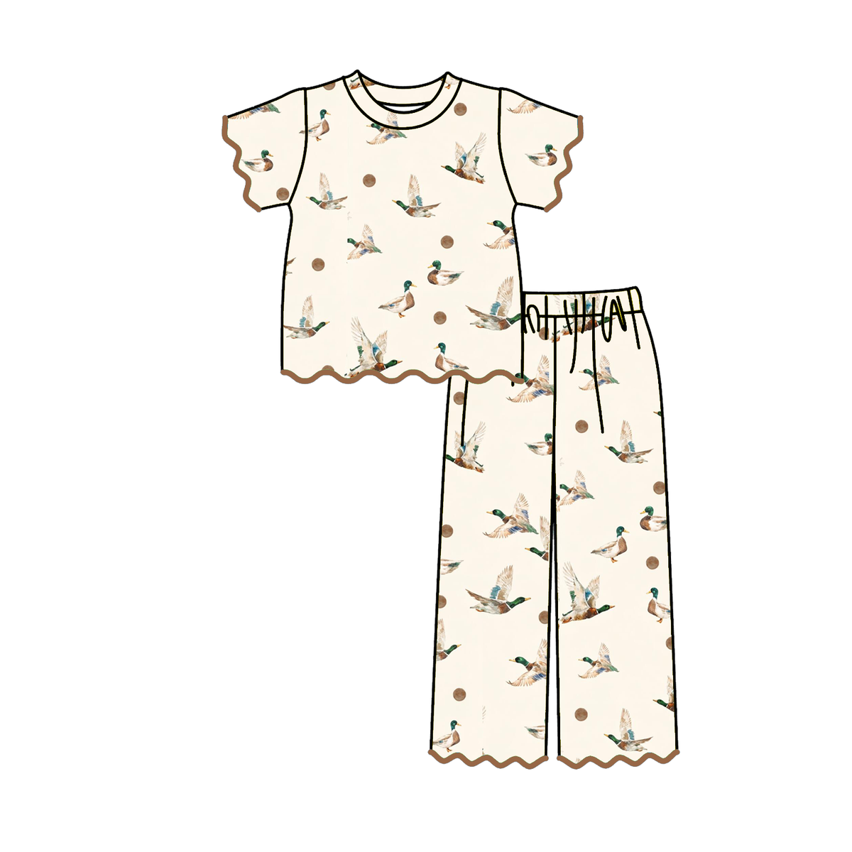 Girls Embroidered Scalloped Edge 2-Piece Outfit Set – Ruffle Short Sleeve Top & Wide Leg Pants, Pink Bow, Leopard, Camo & Duck Print
