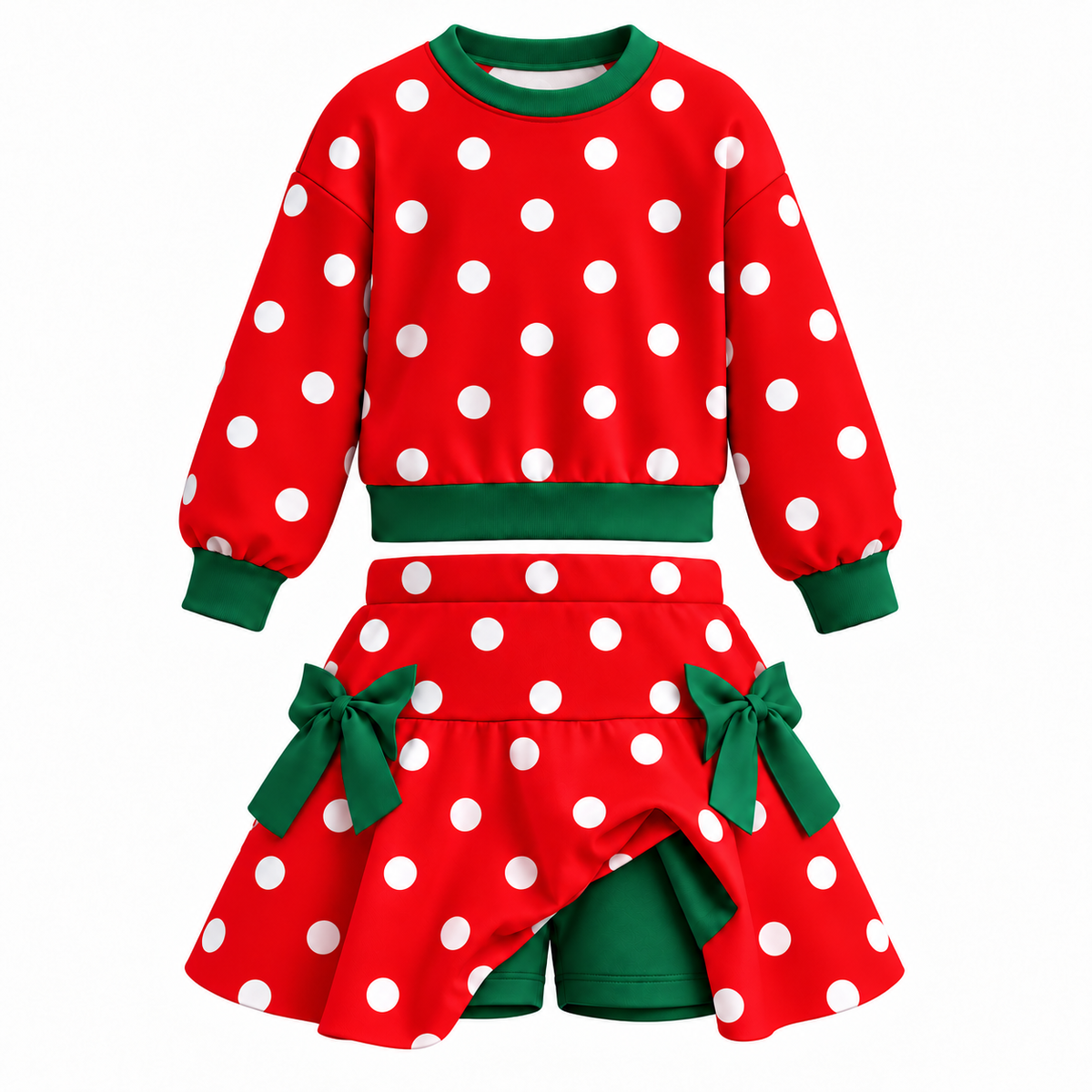 Girls Christmas Polka Dot 2-Piece Skort Set – Long Sleeve Sweatshirt & Bow Skirt Shorts Outfit