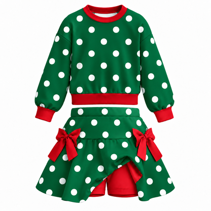 Girls Christmas Polka Dot 2-Piece Skort Set – Long Sleeve Sweatshirt & Bow Skirt Shorts Outfit