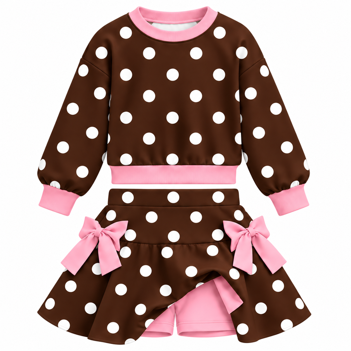 Girls Christmas Polka Dot 2-Piece Skort Set – Long Sleeve Sweatshirt & Bow Skirt Shorts Outfit