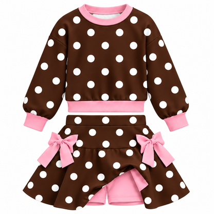 Girls Christmas Polka Dot 2-Piece Skort Set – Long Sleeve Sweatshirt & Bow Skirt Shorts Outfit