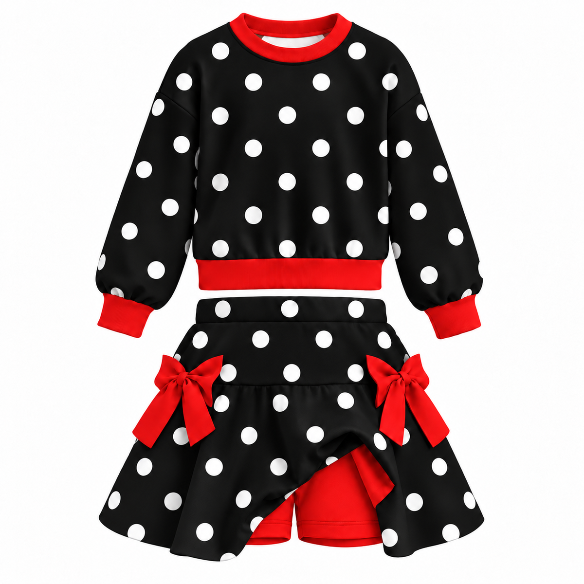 Girls Christmas Polka Dot 2-Piece Skort Set – Long Sleeve Sweatshirt & Bow Skirt Shorts Outfit