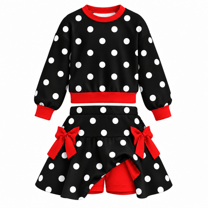 Girls Christmas Polka Dot 2-Piece Skort Set – Long Sleeve Sweatshirt & Bow Skirt Shorts Outfit