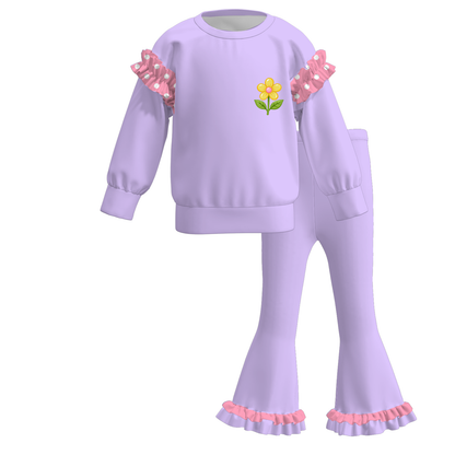 Girls Fall Winter Printed Ruffle Sweatshirt & Flare Pants Set – Long Sleeve Two-Piece Outfit with Polka Dot Ruffles