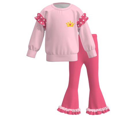 Girls Fall Winter Printed Ruffle Sweatshirt & Flare Pants Set – Cute Character Inspired Two-Piece Outfit