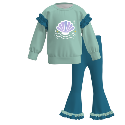 Girls Fall Winter Printed Ruffle Sweatshirt & Flare Pants Set – Cute Character Inspired Two-Piece Outfit