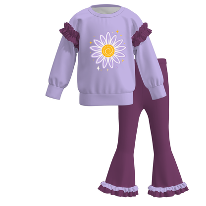 Girls Fall Winter Printed Ruffle Sweatshirt & Flare Pants Set – Cute Character Inspired Two-Piece Outfit
