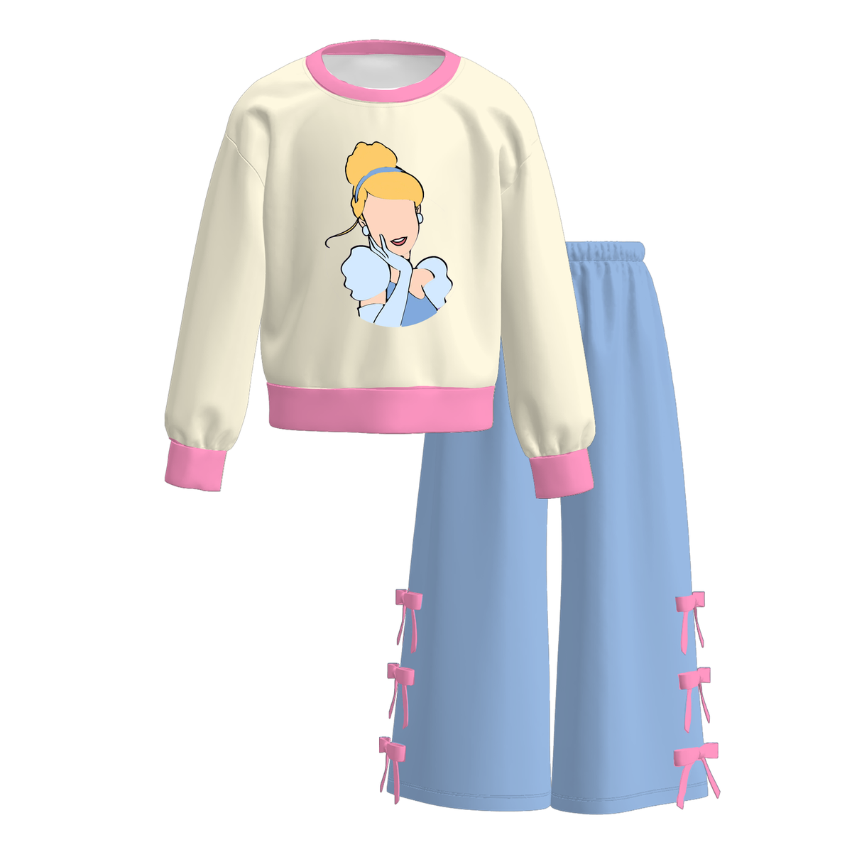 Girls Princess Inspired Printed Outfit Set – Fall Winter Cartoon Print Long Sleeve Sweatshirt & Bow Wide Leg Pants