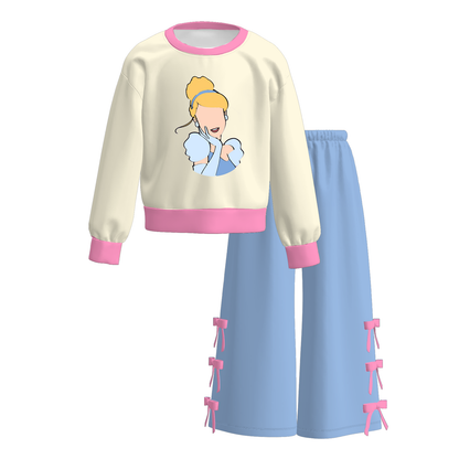 Girls Princess Inspired Printed Outfit Set – Fall Winter Cartoon Print Long Sleeve Sweatshirt & Bow Wide Leg Pants