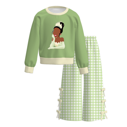 Girls Princess Inspired Printed Outfit Set – Fall Winter Cartoon Print Long Sleeve Sweatshirt & Bow Wide Leg Pants