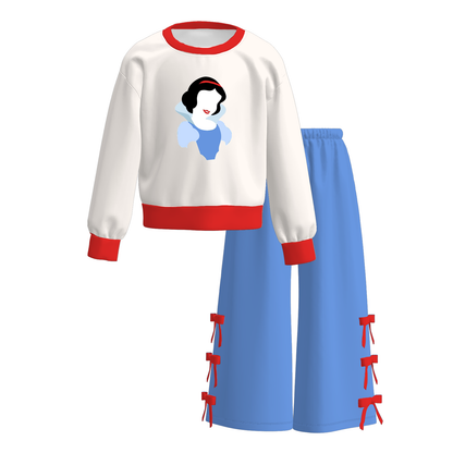 Girls Princess Inspired Printed Outfit Set – Fall Winter Cartoon Print Long Sleeve Sweatshirt & Bow Wide Leg Pants