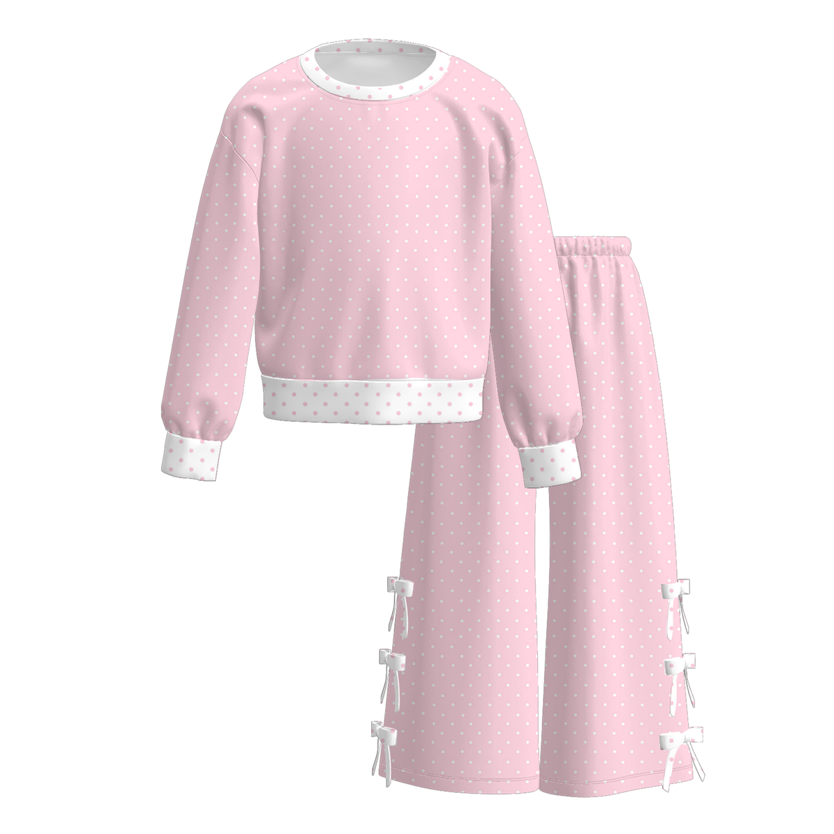 Girls Fall Winter Bow Detail Two-Piece Outfit – Pink Polka Dot & Floral Print Long Sleeve Top with Wide Leg Pants Set