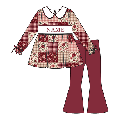 Personalized Girls Fall Winter Smocked Outfits – Custom Name Embroidery Floral Patchwork Dress, Bell Bottom Pants Set & Baby Romper