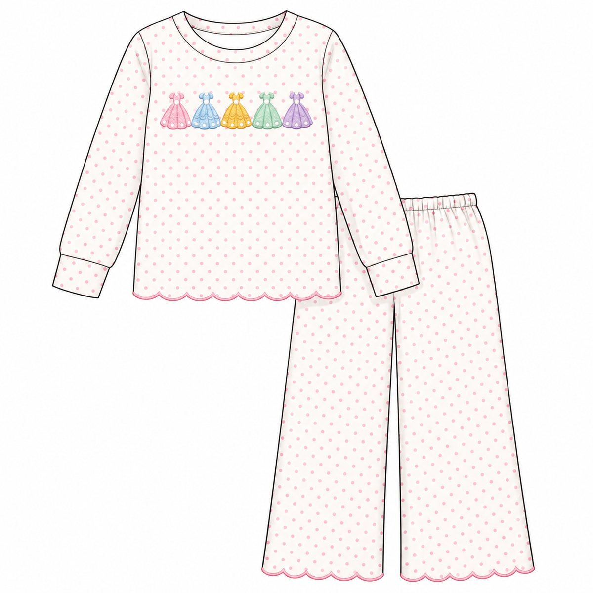 Girls Embroidered Scalloped Two-Piece Outfit – Long Sleeve Top & Wide Leg Pants Set, Ballet, Duck, Princess & Pony Designs