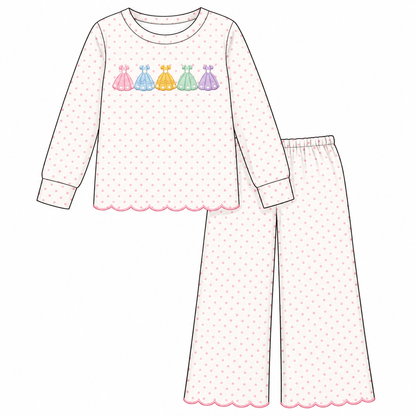 Girls Embroidered Scalloped Two-Piece Outfit – Long Sleeve Top & Wide Leg Pants Set, Ballet, Duck, Princess & Pony Designs